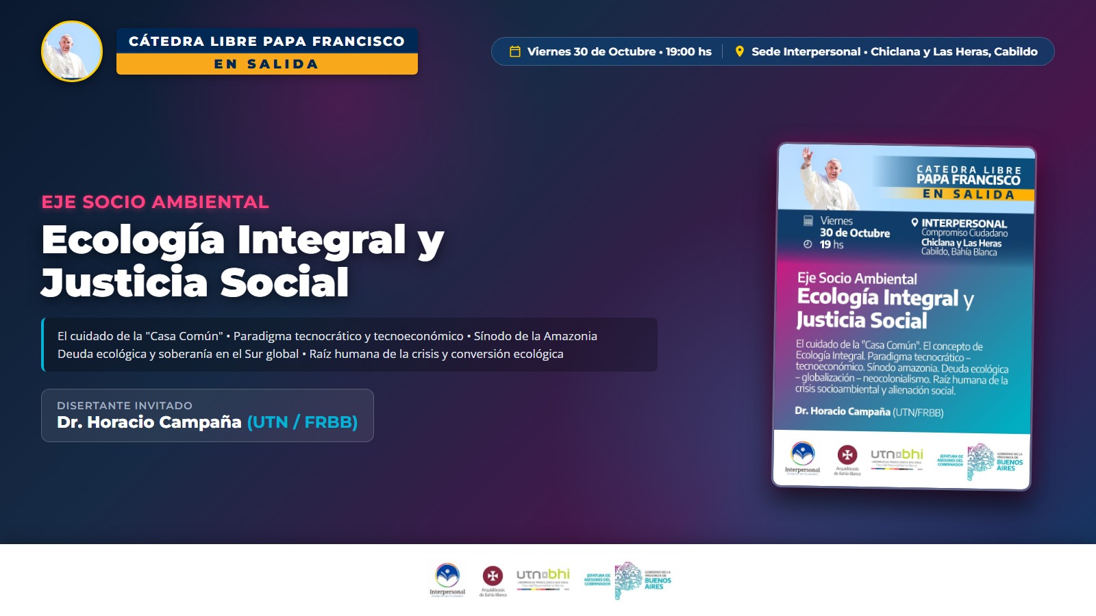 Portada horizontal de la charla sobre Ecología Integral y Justicia Social con el Dr. Horacio Campaña en Cabildo - ONG Interpersonal