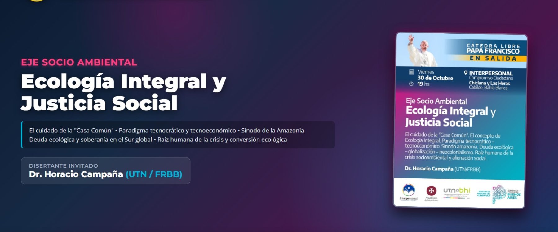 Portada horizontal de la charla sobre Ecología Integral y Justicia Social con el Dr. Horacio Campaña en Cabildo - ONG Interpersonal